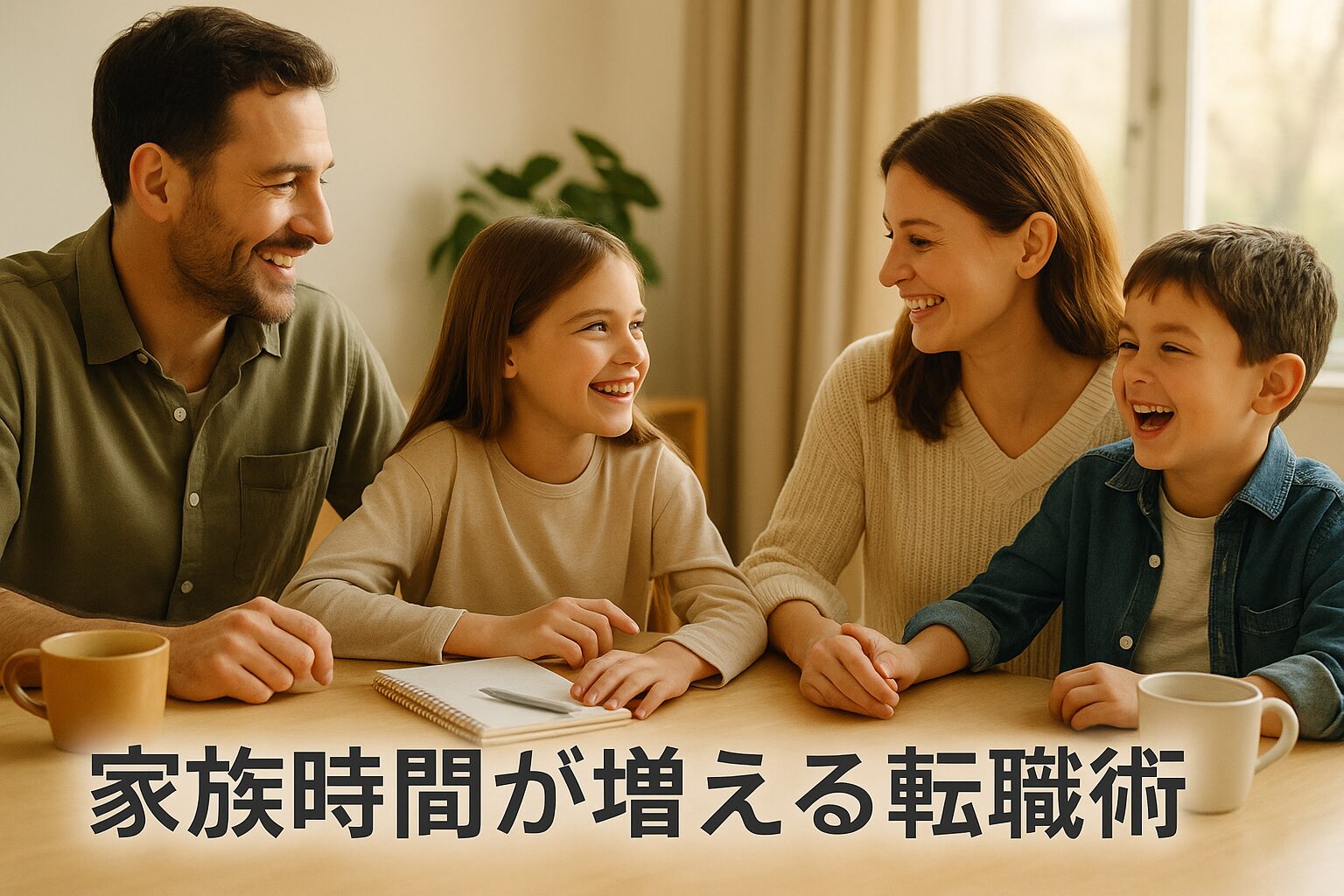 笑顔で団らんする家族の写真。家族時間が増える転職術をテーマにした記事のアイキャッチ画像。