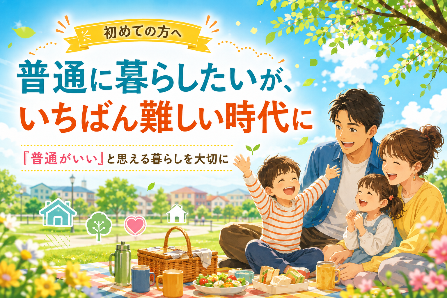 青空の公園でピクニックを楽しむ家族4人と、「普通に暮らしたいが、いちばん難しい時代に」の文字を描いた明るいアイキャッチ画像