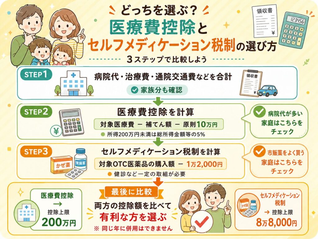医療費控除とセルフメディケーション税制の選び方を3ステップで解説する図解画像。病院代・治療費・通院交通費などを合計し、医療費控除とセルフメディケーション税制の控除額を比較して、有利な方を選ぶ流れを紹介。