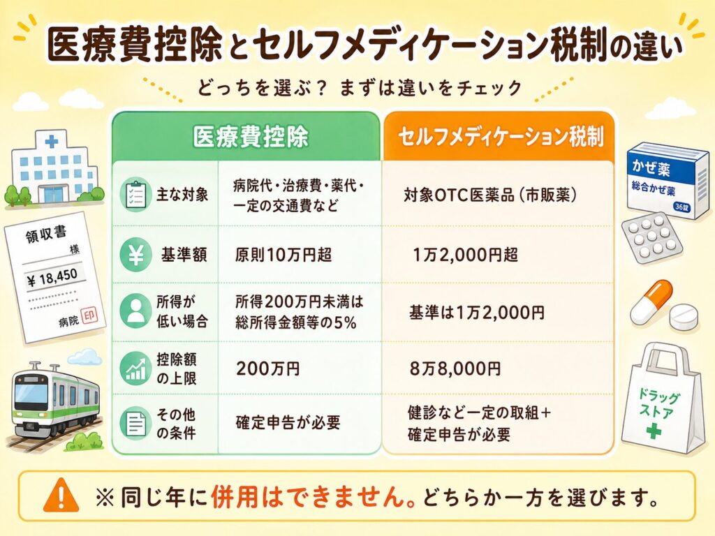 医療費控除とセルフメディケーション税制の違いを比較した図解画像。対象となる医療費や市販薬、基準額、所得が低い場合の扱い、控除額の上限、確定申告などの条件を一覧で説明。