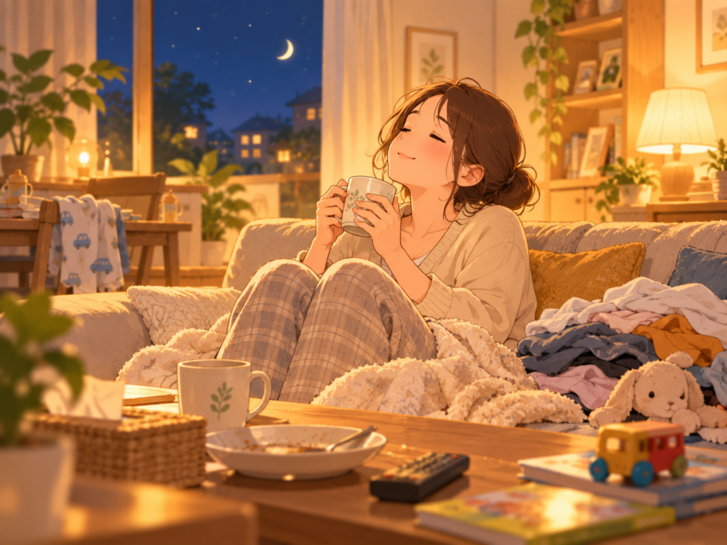 少し家事が残った夜のリビングで、温かい飲み物を手に親がソファでひと息ついている様子
