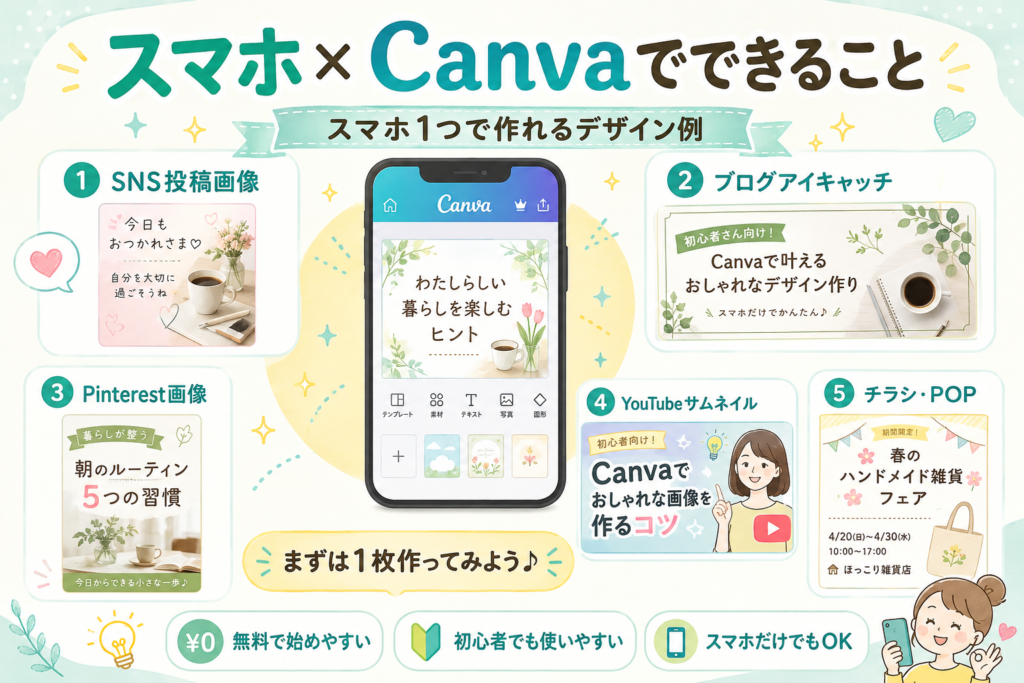 スマホとCanvaで作れるSNS投稿画像・ブログアイキャッチ・Pinterest画像・YouTubeサムネイル・チラシの例をまとめた初心者向け図解