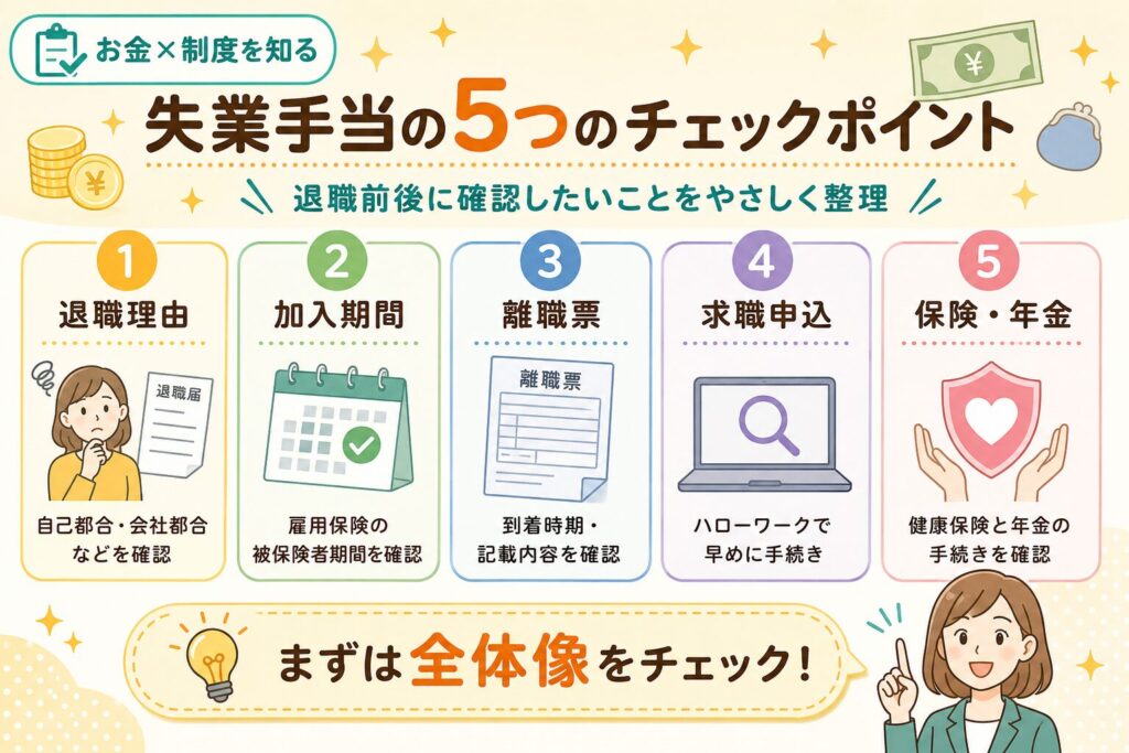 退職前後に確認したい失業手当の5つのチェックポイントをまとめた図解画像。退職理由、雇用保険の加入期間、離職票、求職申込、健康保険・年金の5項目をイラスト付きで紹介。