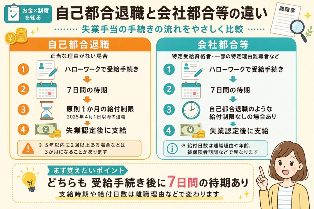 自己都合退職と会社都合等の失業手当の手続きの違いを比較した図解画像。どちらも受給手続き後に7日間の待期があり、自己都合退職では原則1か月の給付制限、会社都合等では給付制限がない場合があることを説明。