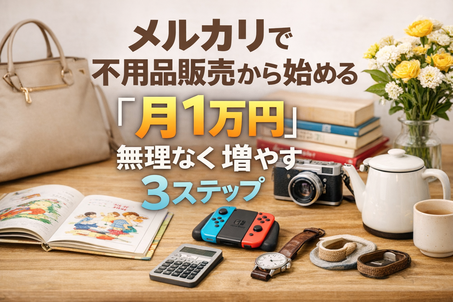 明るい木のテーブルにバッグや本、カメラなどの不用品が並び、メルカリで不用品販売から副業を始めて月1万円を目指す方法を紹介するイメージ画像