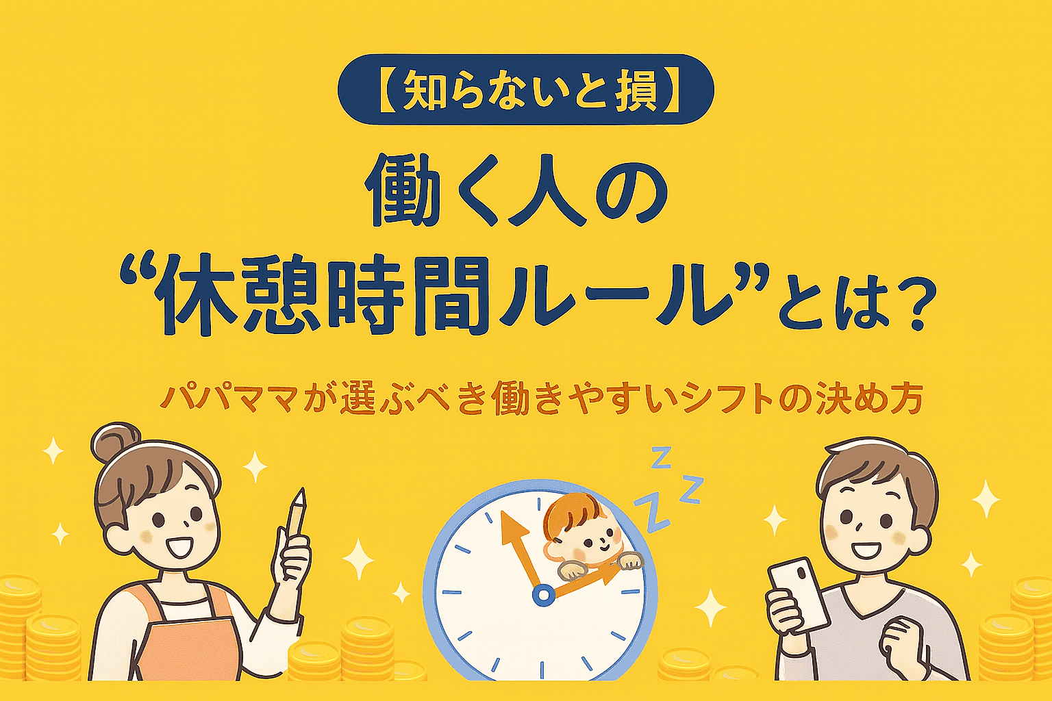 働くパパママ向けに休憩時間ルールを説明する横長アイキャッチ画像。ママとパパのイラスト、時計、カレンダー、休憩アイコンを配置し、働きやすいシフトの選び方をテーマにしたデザイン。
