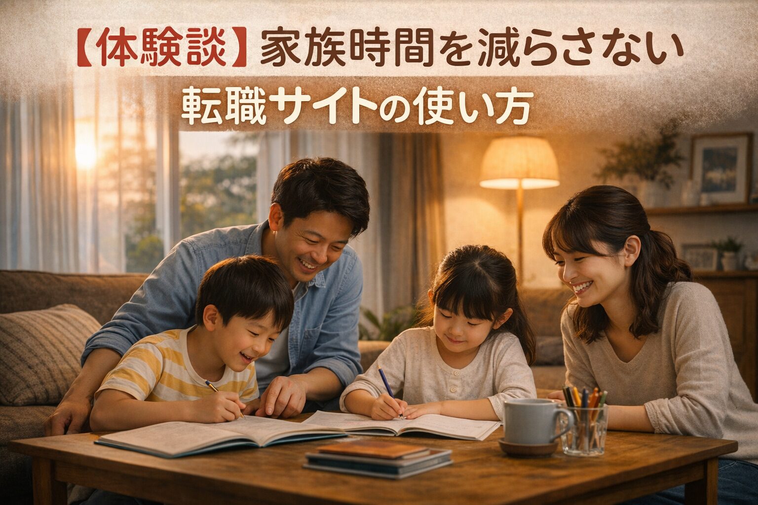 夕方のリビングで、親が子どもの勉強を見守りながら穏やかな時間を過ごす家族の様子。家族時間を大切にする働き方をイメージした写真。
