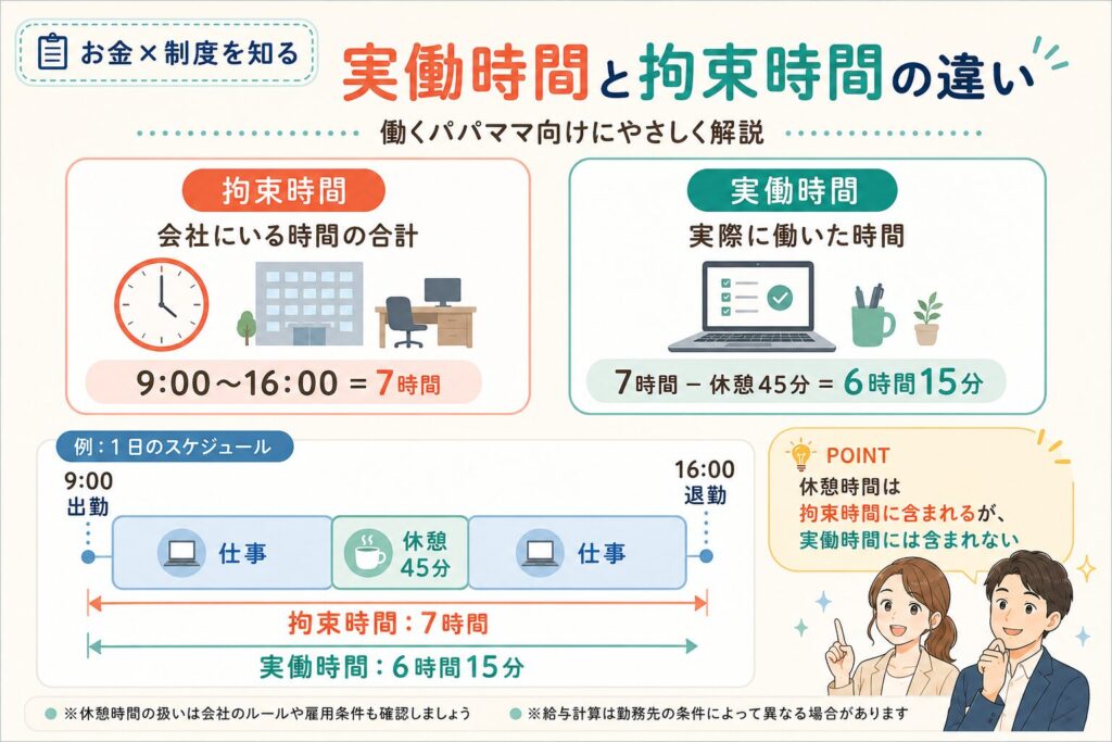 働くパパママ向けに、実働時間と拘束時間の違いを図解した画像。9時から16時までの勤務を例に、拘束時間7時間から休憩45分を引くと実働時間6時間15分になることを説明。