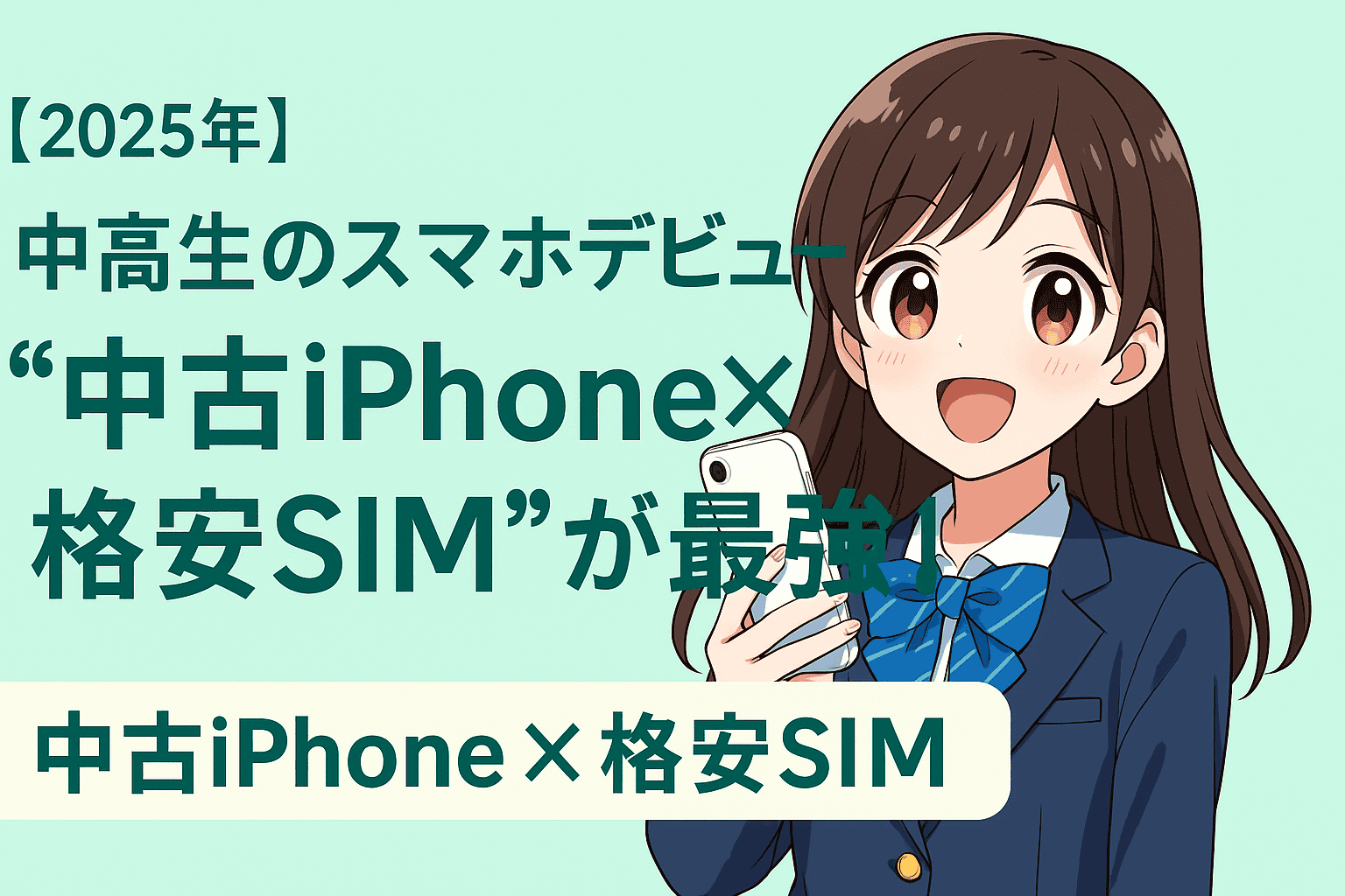 「中高生のスマホデビューにおすすめの中古iPhone×格安SIMを紹介する、制服姿のアニメ風女子学生がiPhoneを手に笑顔で写るミントグリーン背景のアイキャッチ画像」