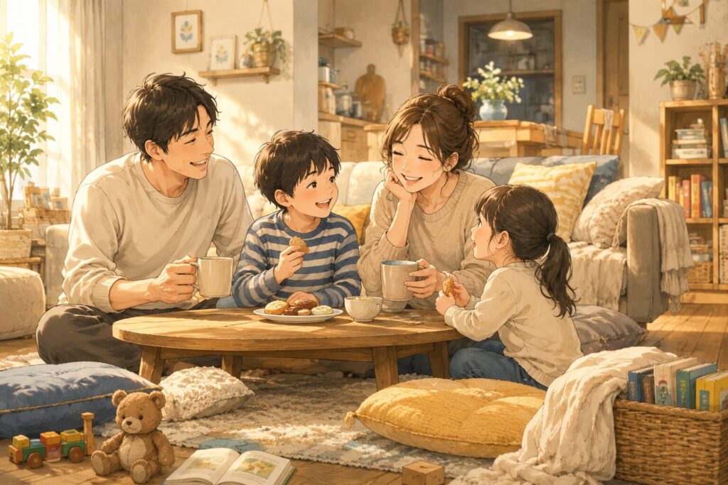 何もしない週末に家でくつろぎながら家族時間を楽しむ親子