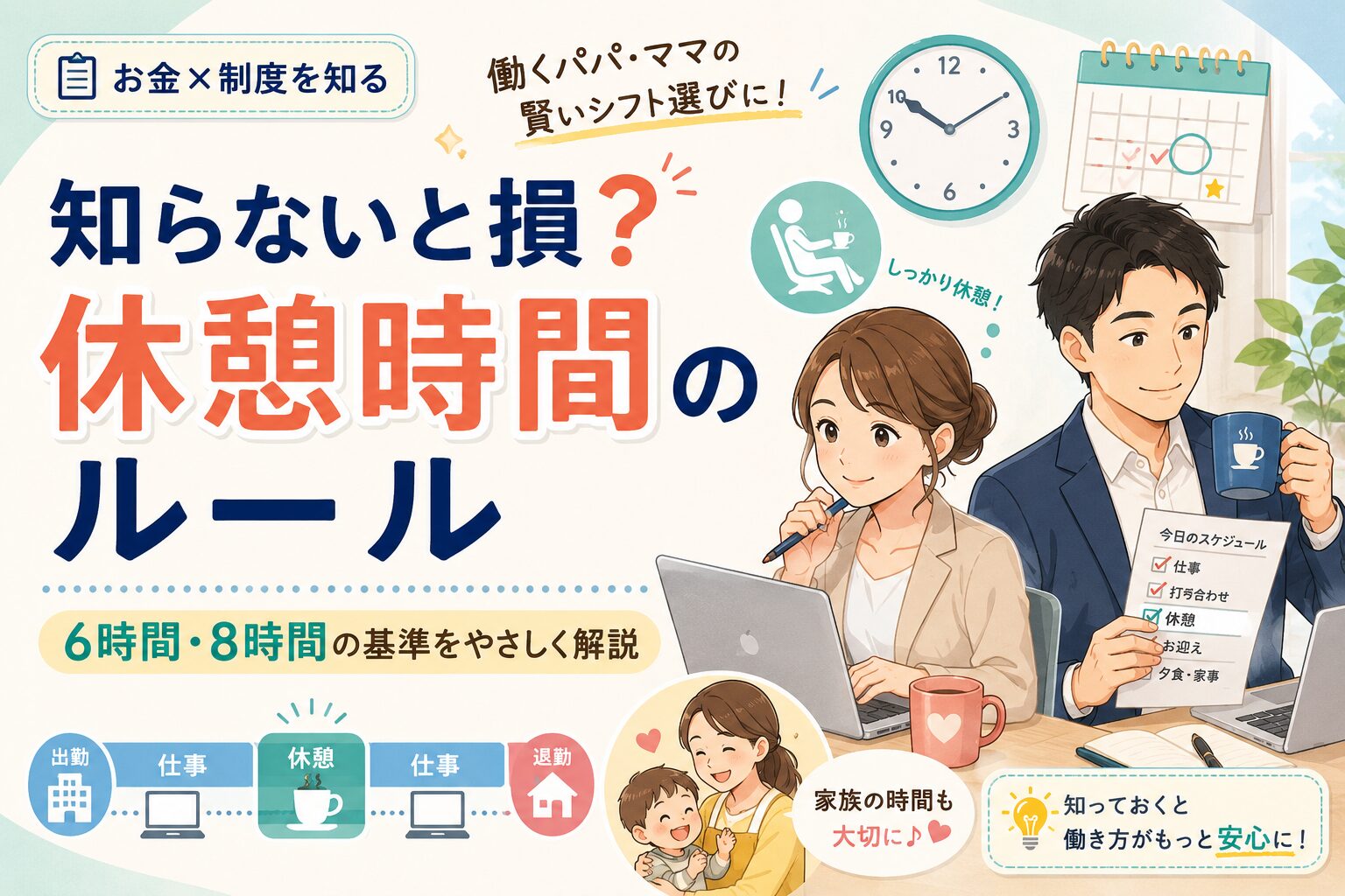 働くパパママ向けに休憩時間のルールを解説するアイキャッチ画像。時計やカレンダー、仕事と休憩のスケジュール、働く夫婦のイラストを配置し、6時間・8時間の休憩基準を紹介。