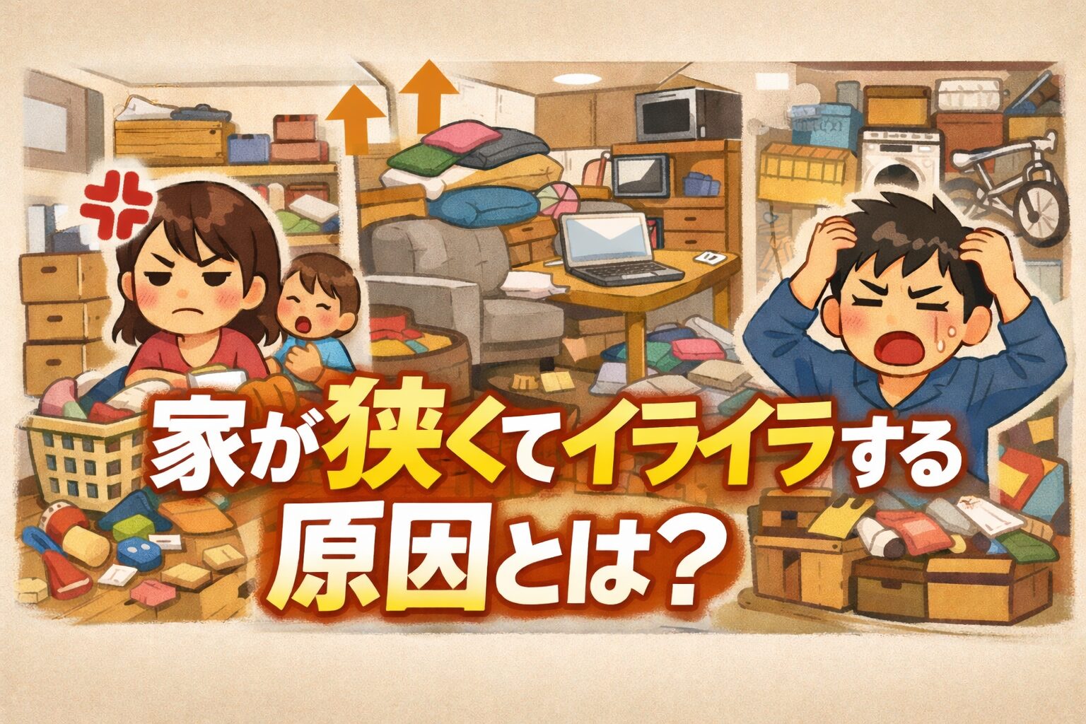 家が狭くて物があふれ、片付かない室内でイライラする夫婦と子どもを描いたイラストのアイキャッチ画像