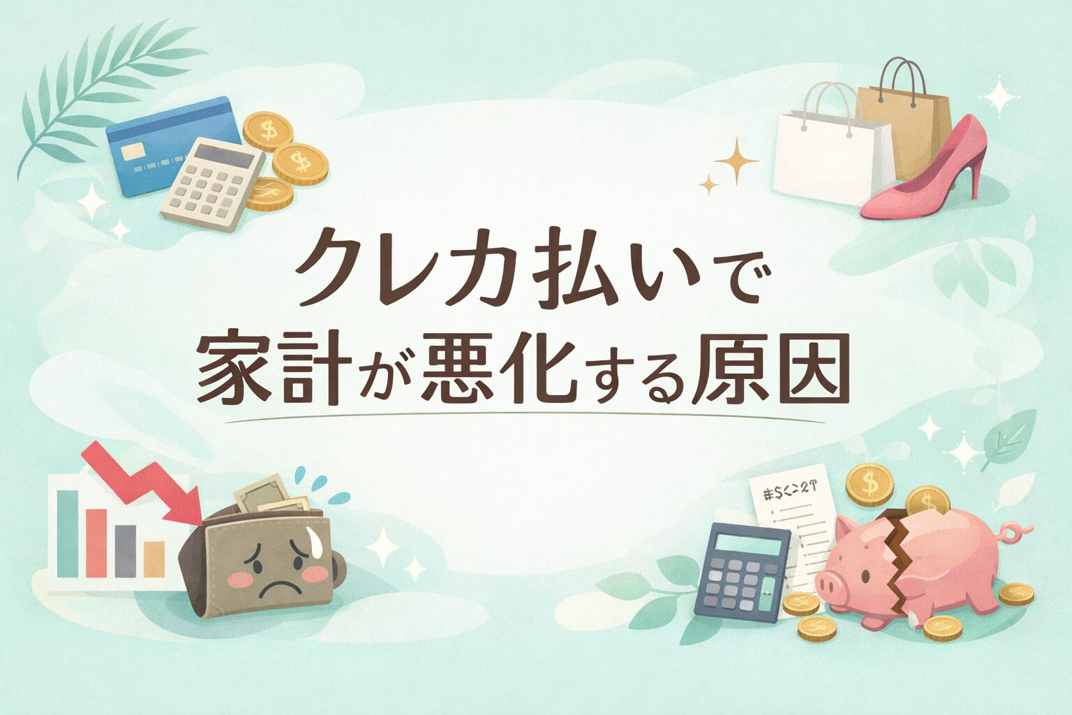薄いミントグリーン背景に「クレカ払いで家計が悪化する原因」の文字。クレジットカード、電卓、買い物袋、落ち込んだ財布、割れた貯金箱のイラストが配置された横長アイキャッチ。