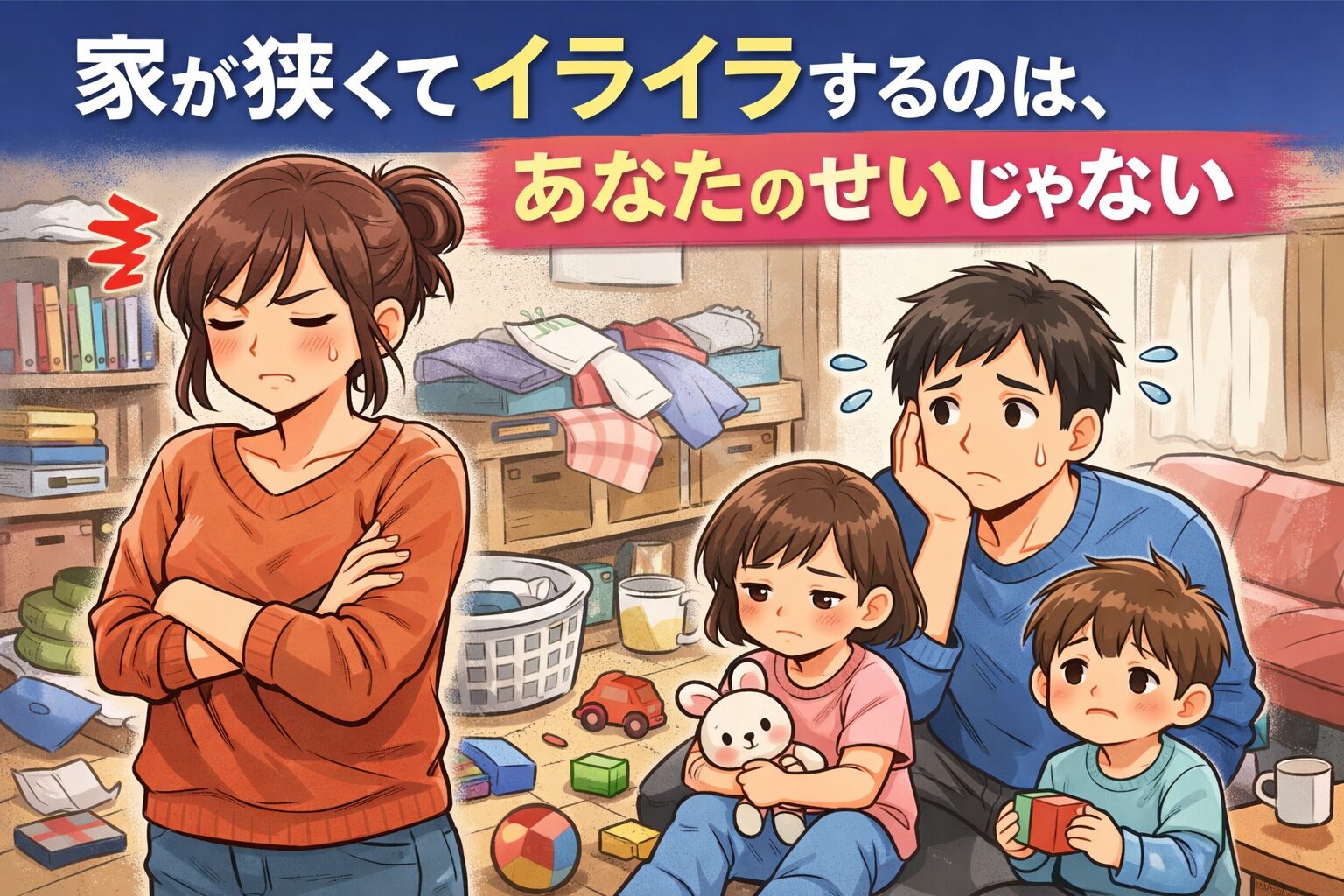 家が狭くて物があふれ、片付かない室内でイライラする夫婦と子どもを描いたイラスト