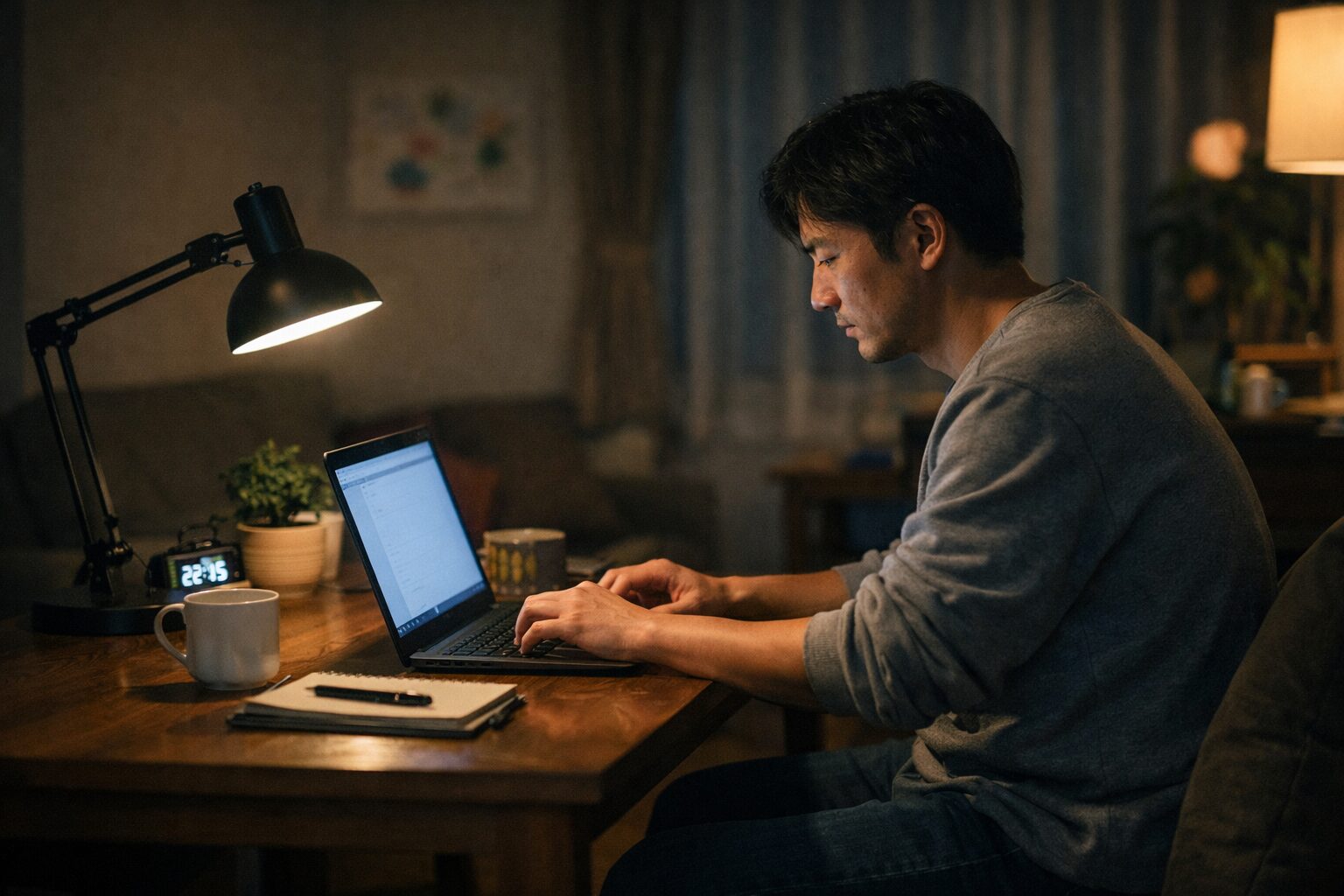 体調が不安定な中、夜の静かな部屋で在宅副業に向き合うパパの作業風景