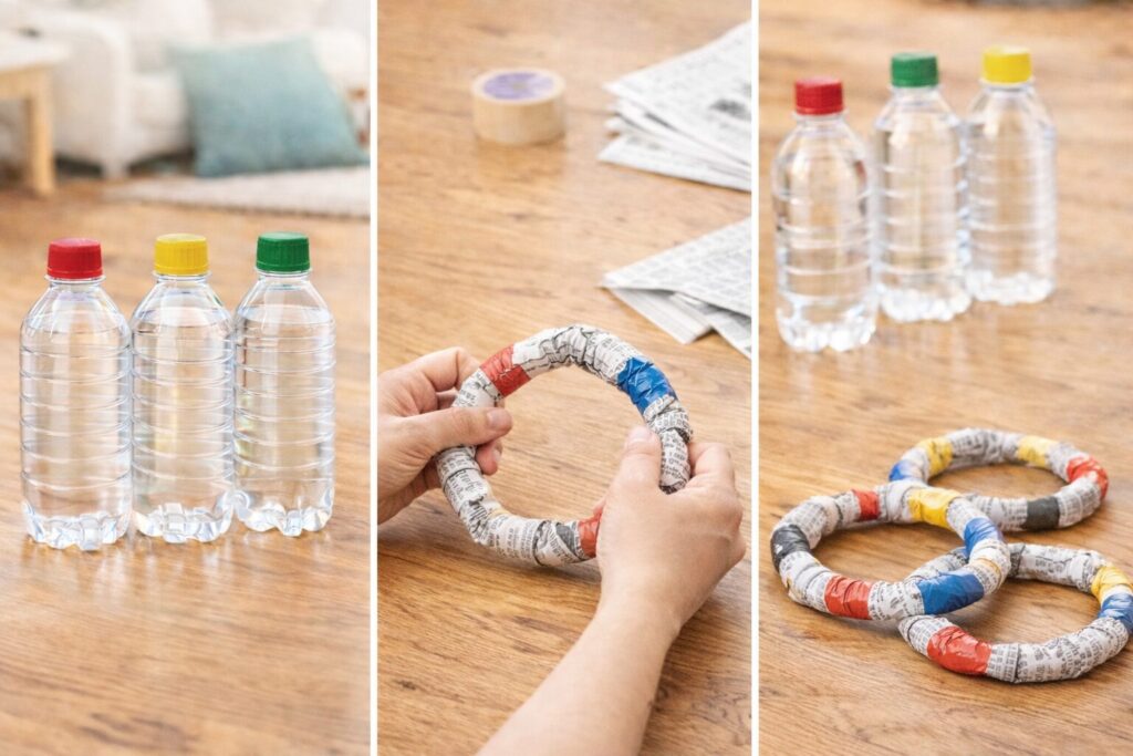 ペットボトルと新聞紙で作る手作り輪投げの作り方。空のペットボトルを並べ、新聞紙を丸めたいびつな輪をテープでとめて完成させている様子