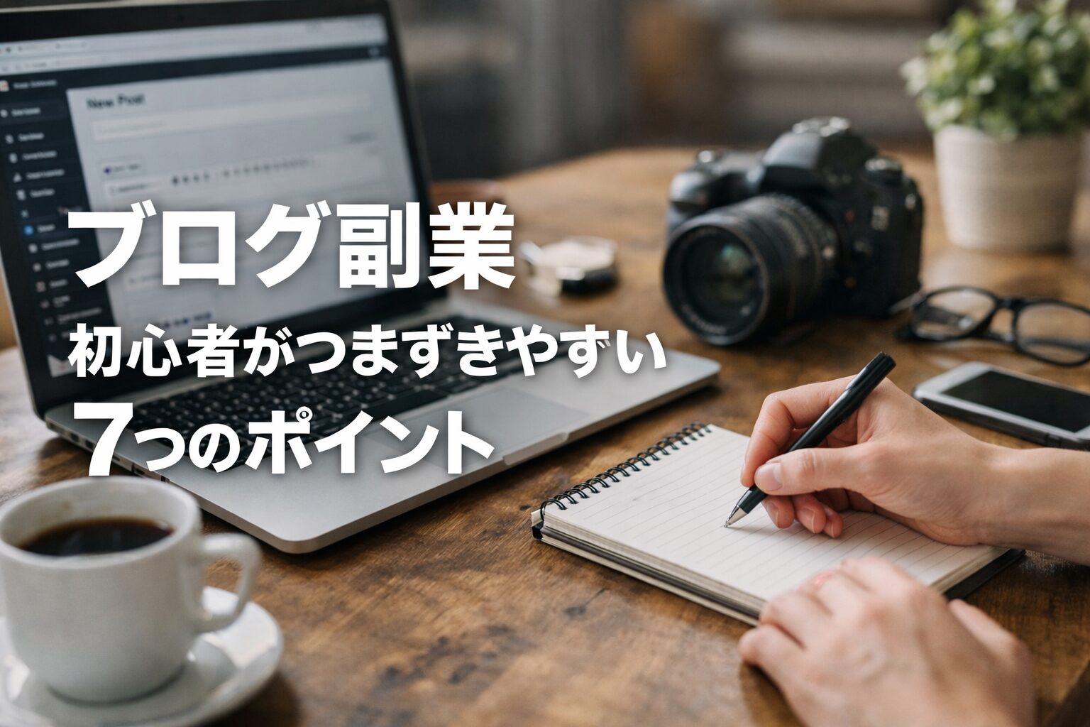 ブログ副業に取り組む初心者が、ノートパソコンとノートを使って作業しているリアルな写真。初心者がつまずきやすい7つのポイントを解説する記事のアイキャッチ画像。