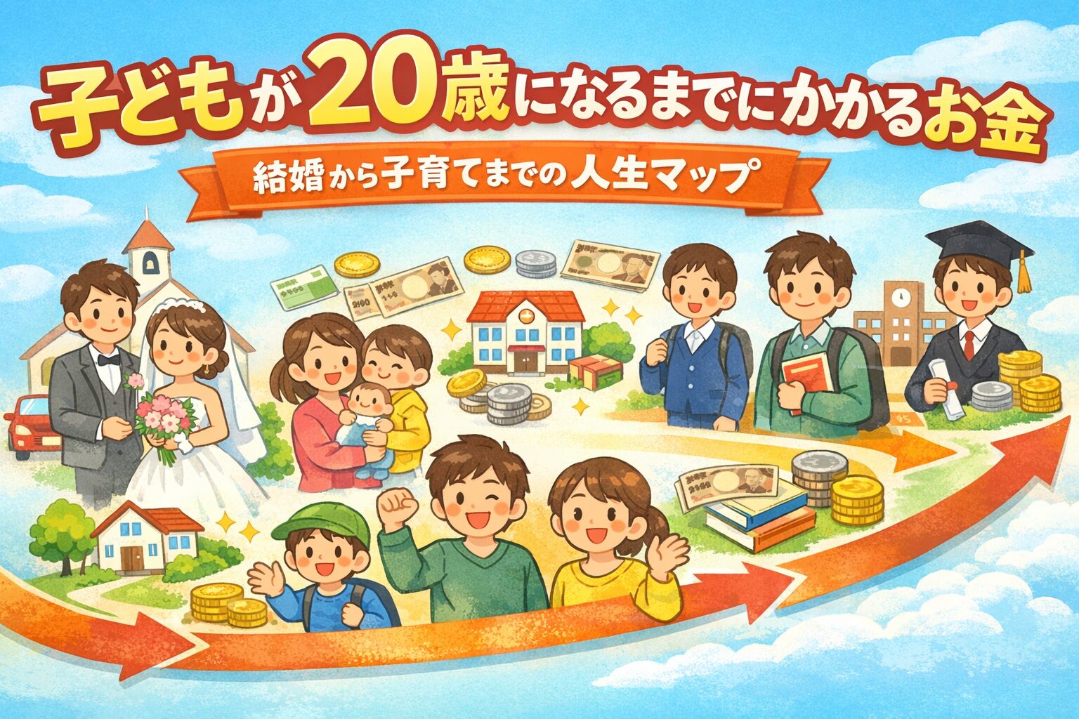 結婚から子育てまで、子どもが20歳になるまでにかかるお金の流れを人生マップとして描いたイラスト