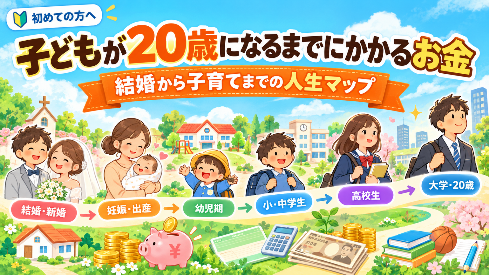 子どもが20歳になるまでにかかるお金を、結婚・出産・幼児期・小中学生・高校・大学まで人生マップで表したアイキャッチ画像