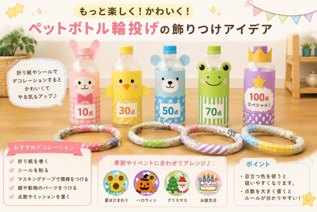 うさぎ・ひよこ・くま・カエルなどの動物や100点ボトルにかわいく飾りつけしたペットボトル輪投げのアイデア画像