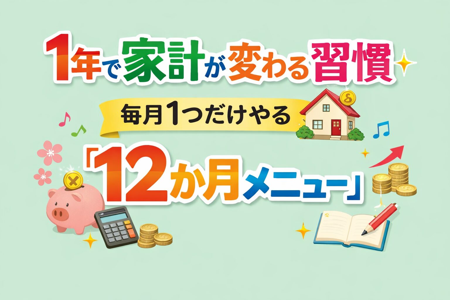 薄いミントグリーンの背景に「1年で家計が変わる習慣 毎月1つだけやる『12か月メニュー』」と大きく書かれ、家・貯金箱・電卓・コイン・ノートなどのイラストが添えられた横長アイキャッチ画像。