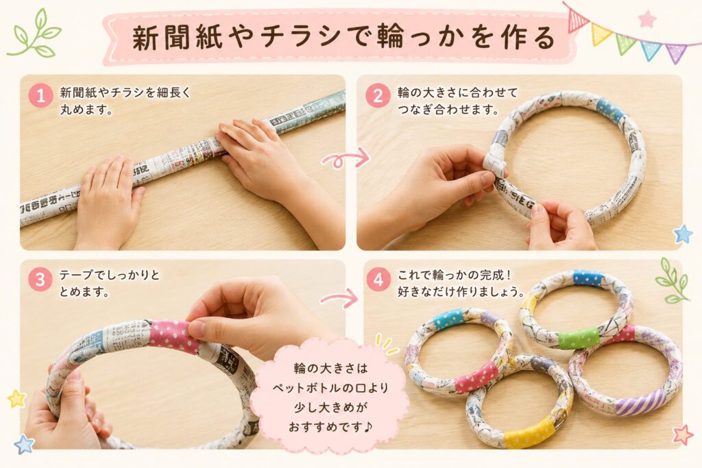 新聞紙やチラシを細長く丸めて輪っかを作り、テープでとめる手順を4ステップで紹介した、ペットボトル輪投げ用の作り方画像