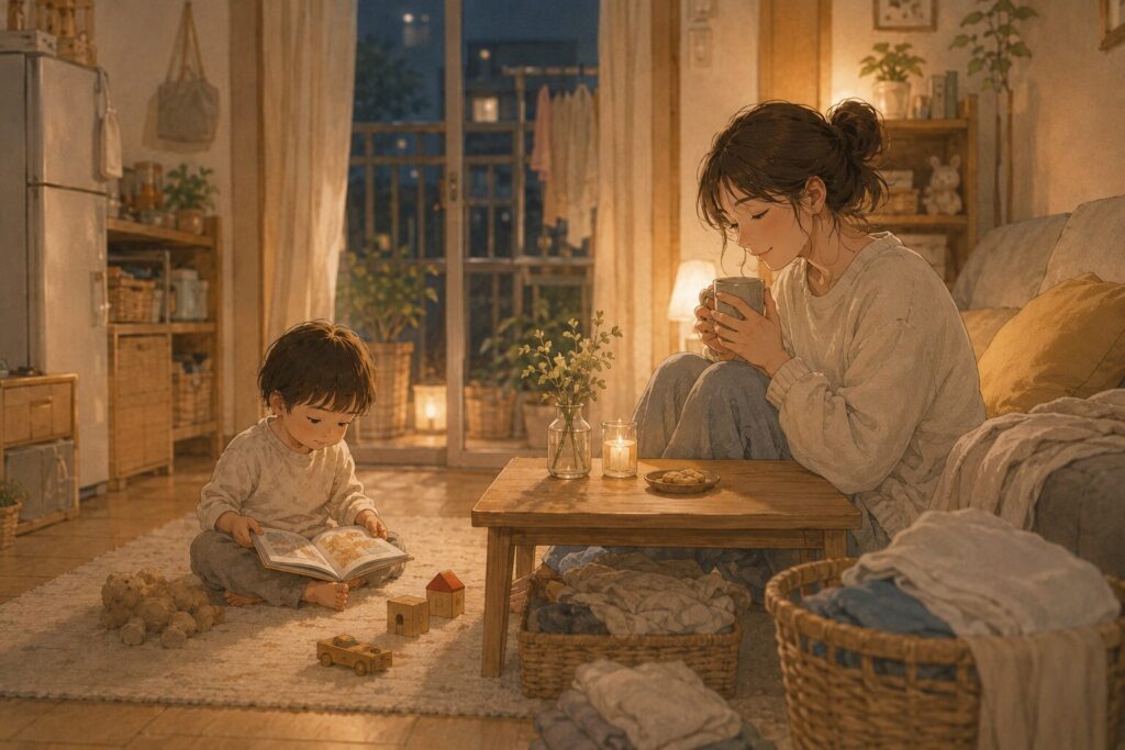 夜の狭い部屋で、親がお茶を飲みながら子どもが静かに本を読んでいる様子