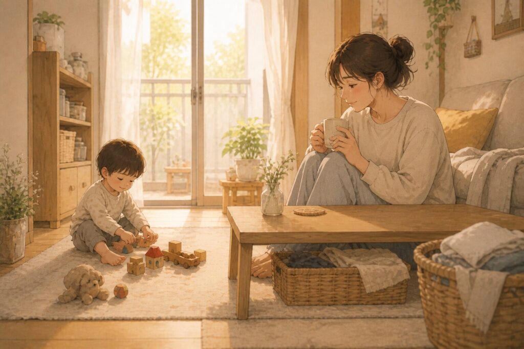 狭い部屋で子どもが遊ぶ様子を見守りながら、親がお茶を飲んで少し落ち着いた時間を過ごしている場面