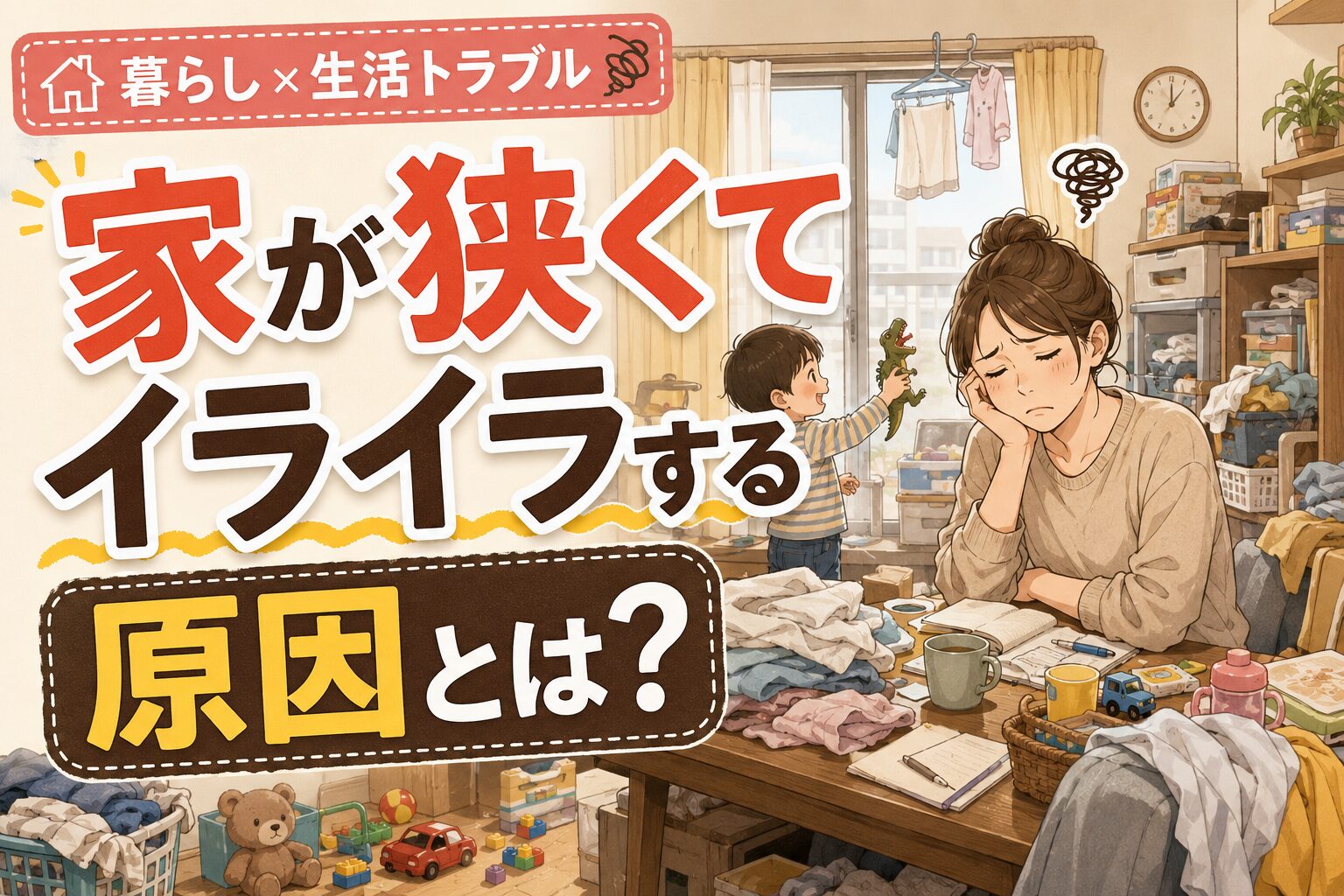 狭くて物が多い部屋で、子どもが遊ぶ横で親が疲れた表情を見せ、「家が狭くてイライラする原因とは？」という文字が入ったアイキャッチ画像