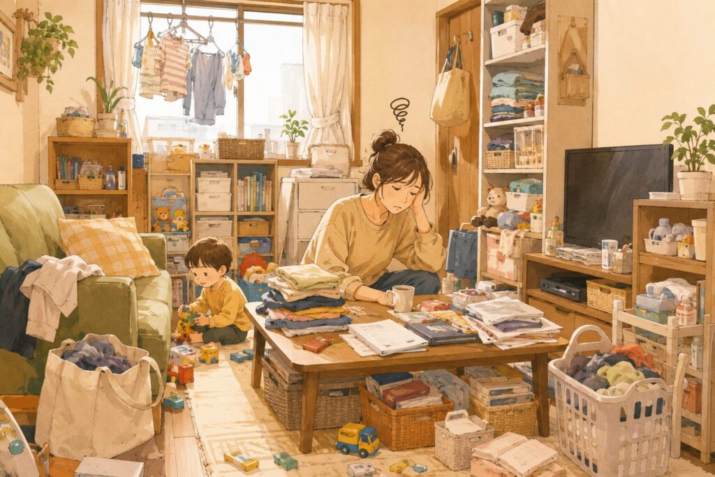物が多くてやや散らかった狭い部屋で、親が疲れた表情を見せながら子どもが遊んでいる様子