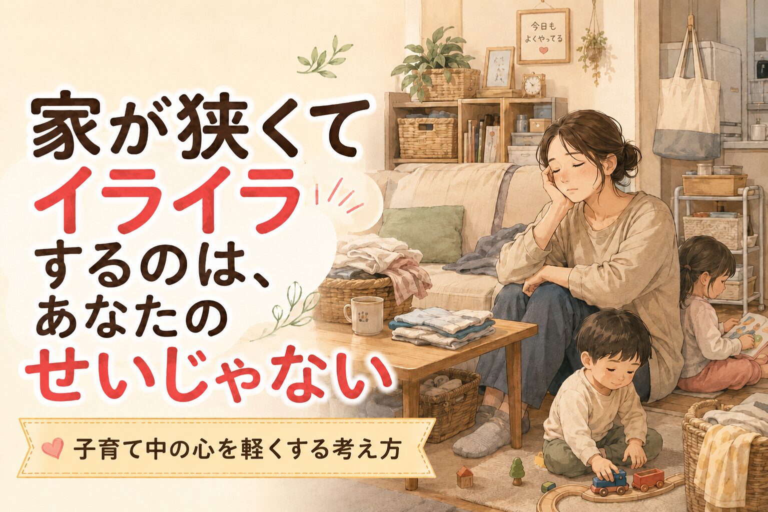 狭い家の中で子どもが遊ぶそばで親が疲れた表情を見せ、「家が狭くてイライラするのは、あなたのせいじゃない」と書かれたアイキャッチ画像