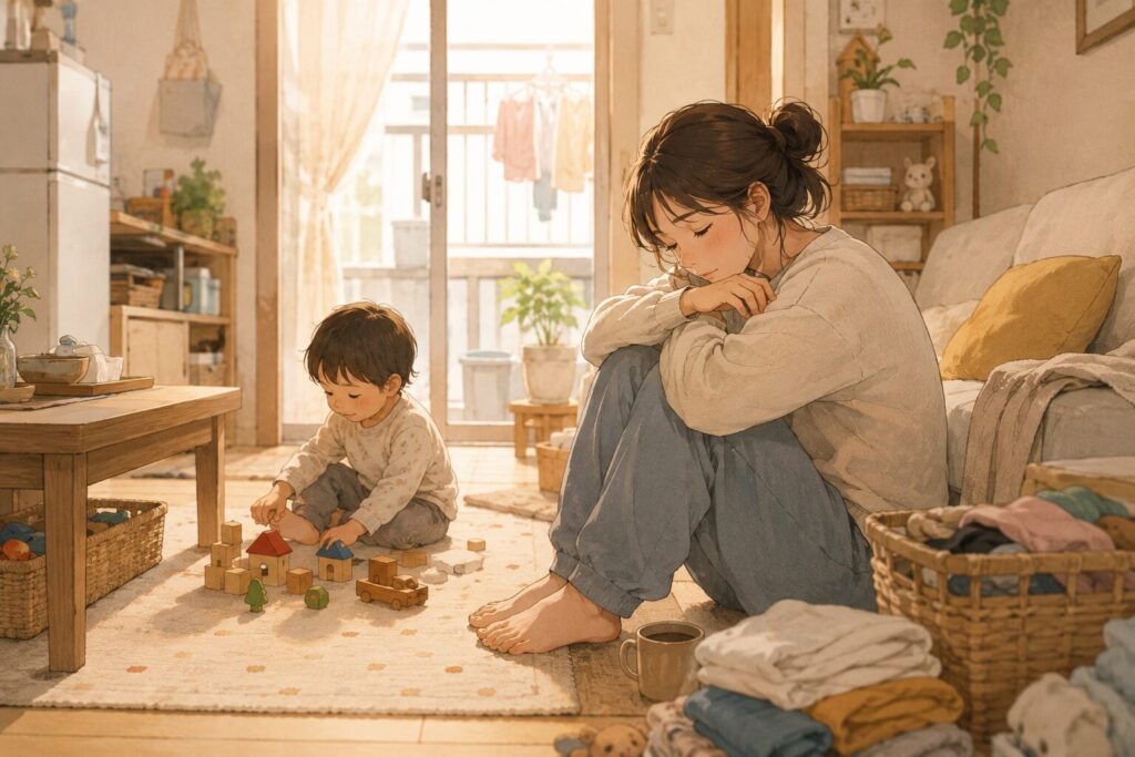 狭い部屋で子どもが遊ぶそばで、親が静かに疲れた様子で座っている場面