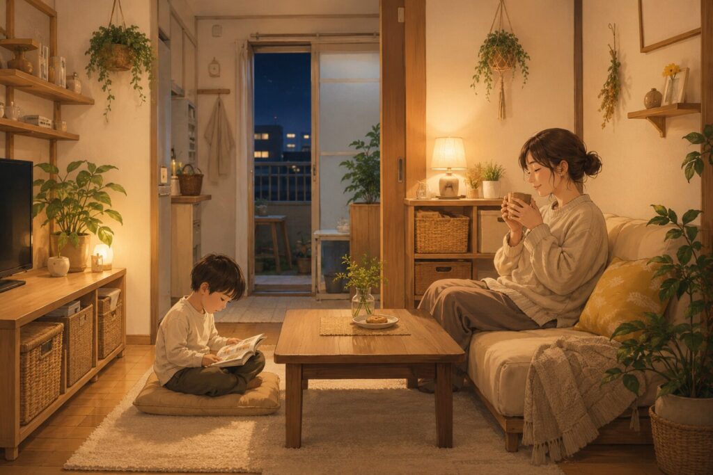 狭い部屋でも整えられた夜のリビングで、親子が落ち着いて静かに過ごしている様子