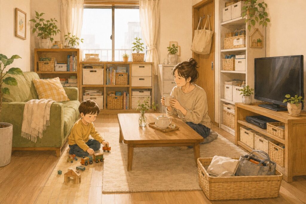 狭い部屋でも収納を整え、テーブルや床がすっきりしたリビングで親子が落ち着いて過ごしている様子