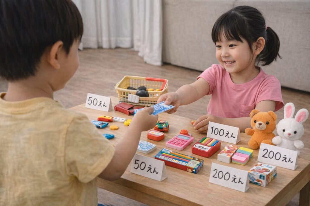 100円ショップのカラフルな粘土を使って、子どもたちが自由に作品づくりを楽しむ様子を表したリアルなイメージ画像です。食べ物や動物などのかわいい作品が並び、おうち時間に親子や兄弟で創作を楽しめる、想像力が広がる室内遊びの雰囲気が伝わる一枚です。