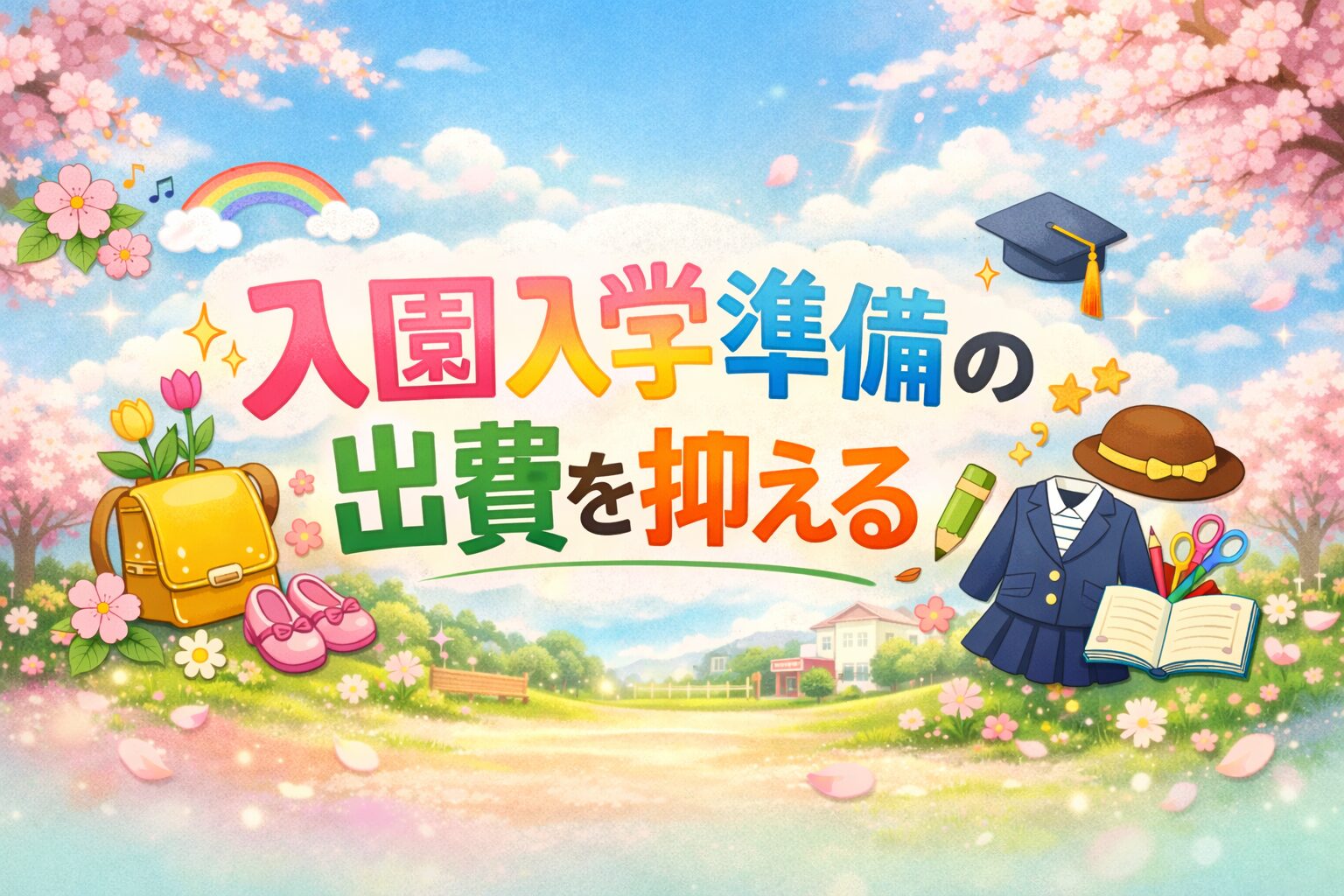 入園入学準備の出費を抑える方法を紹介するイメージ。春の桜と青空の中にランドセルや制服などの入学用品が描かれたイラスト