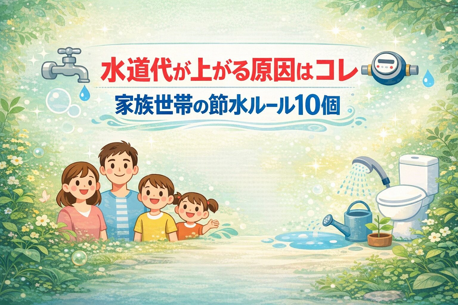水道代が上がる原因と家族でできる節水ルール10個を紹介するイラスト。家族と水道・シャワー・トイレなどの節水イメージが描かれている