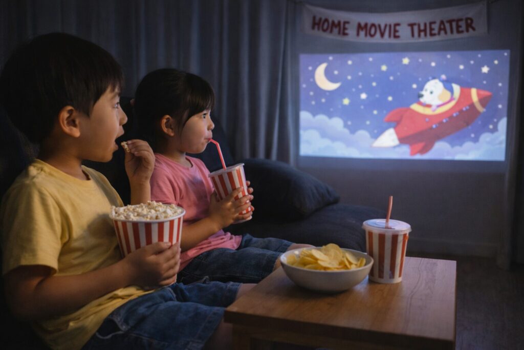 暗くしたリビングで、子どもたちがおやつと飲み物を用意して映画を楽しんでいるおうち映画館ごっこの風景。ソファに座りながらスクリーンを見つめる様子が写った、特別感のある室内遊びの画像。