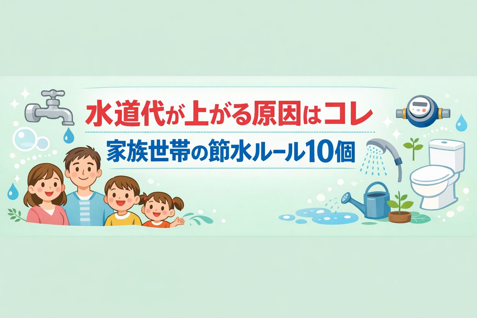 薄いミントグリーン背景に「水道代が上がる原因はコレ 家族世帯の節水ルール10個」と書かれた横長バナー。蛇口やシャワー、水道メーター、トイレ、家族のイラストが配置された節水解説イメージ。