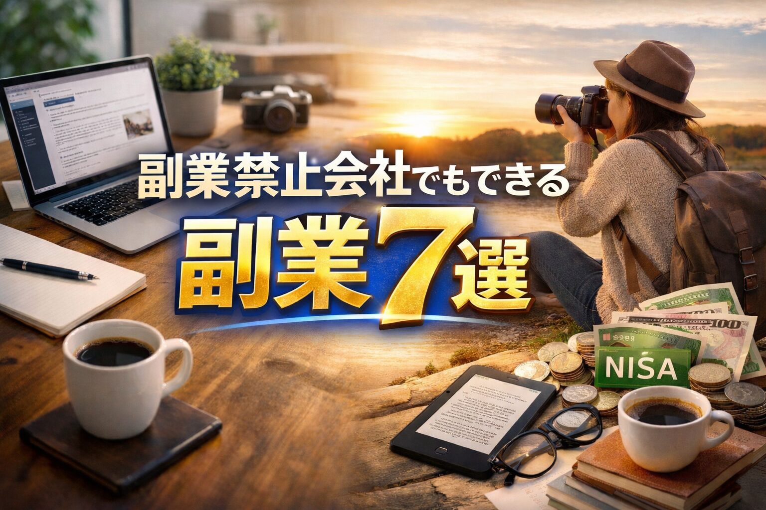 副業禁止会社でもできる副業7選の文字を大きく強調した横長アイキャッチ画像。パソコン作業と写真撮影、NISAや資産運用を連想させるリアルな風景。