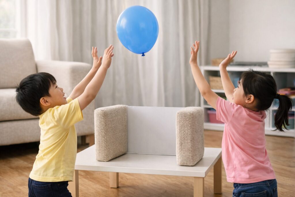 リビングで子どもたちが風船バレーを楽しんでいる室内遊びの風景。テーブルの上にクッションで作った簡単なネットが置かれ、青い風船を追いかけながら安全に体を動かして遊んでいる様子が伝わる画像。