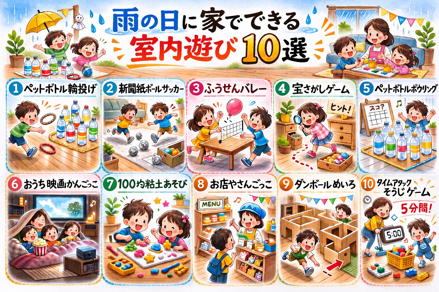 雨の日に家でできる室内遊び10選を紹介する横長イラスト画像。ペットボトル輪投げ、ふうせんバレー、宝さがしゲーム、おうち映画かんごっこ、ダンボールめいろ、タイムアタックそうじゲームなどがカラフルに描かれている。