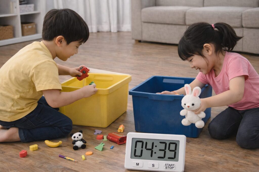 リビングで子どもたちが箱を使いながらおもちゃを片付けている、タイムアタック掃除ゲームの風景。床に散らばったおもちゃを笑顔で集めており、片付けを遊びのように楽しんでいる様子が伝わるリアルな画像。