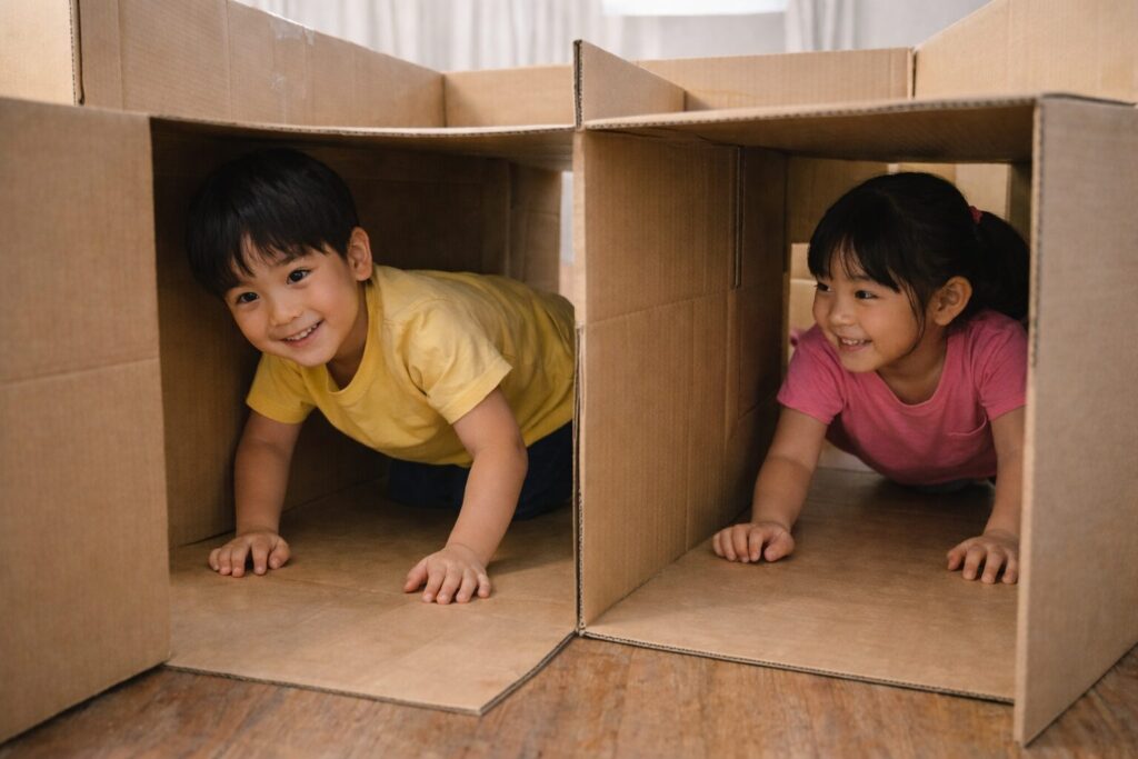 ダンボールで作った迷路やトンネルの中を、子どもたちが笑顔で進んでいる室内遊びの風景。家の中に秘密基地のような空間を作って楽しんでいる様子が伝わるリアルな画像。