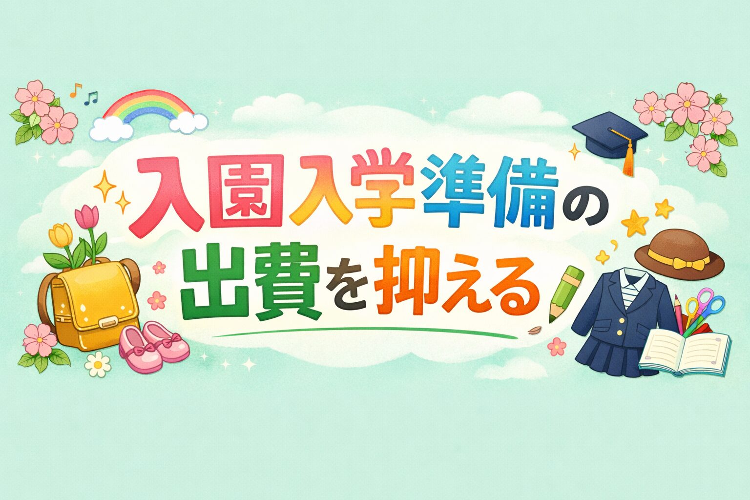 薄いミントグリーン背景に「入園入学準備の出費を抑える」の文字。ランドセルや制服、帽子、文房具、花のイラストが添えられた横長バナー。