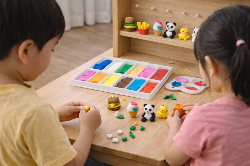 テーブルの上でカラフルな粘土を使い、子どもたちが食べ物や動物の形を作って楽しんでいる粘土あそびの風景。完成した作品や粘土セットが並び、おうちで創作を楽しむ様子が伝わるリアルな画像。