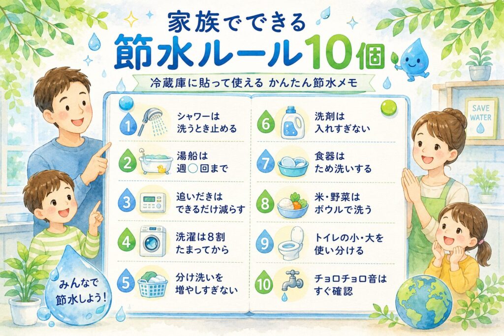家族でできる節水ルール10個をまとめたイラスト。シャワー、湯船、洗濯、食器洗い、トイレなどの節水ポイントが一覧で描かれている。