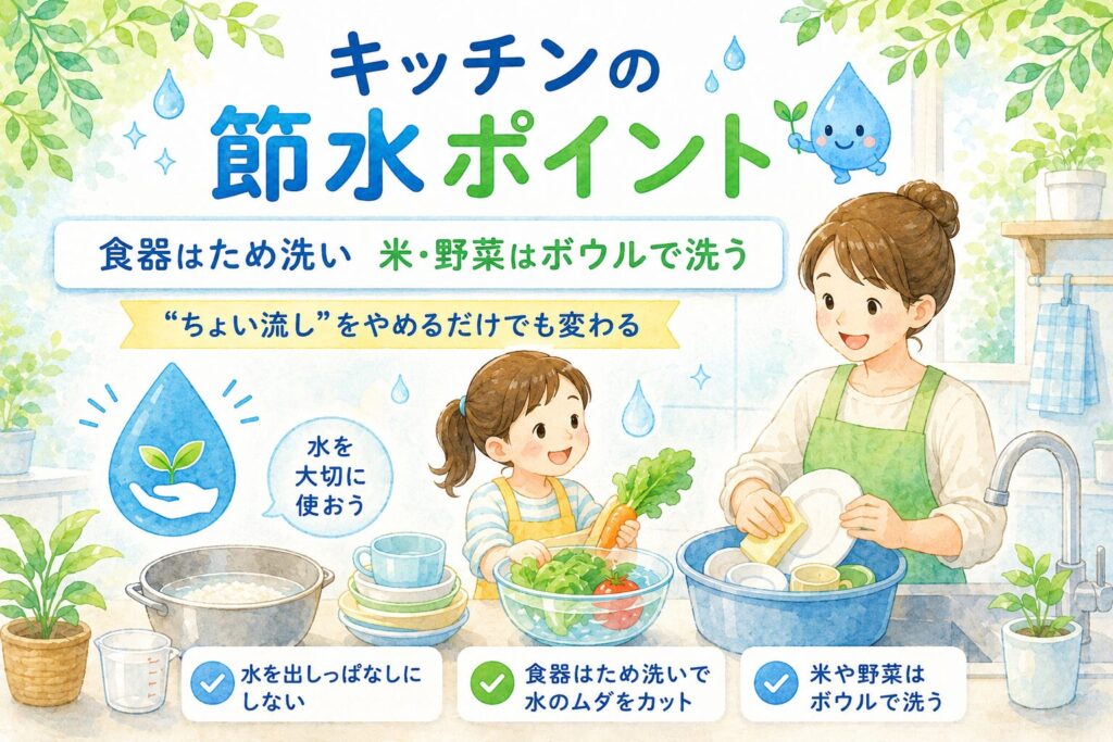キッチンでできる節水ポイントを紹介するイラスト。母親と子どもが食器のため洗いや野菜をボウルで洗う様子が描かれている。