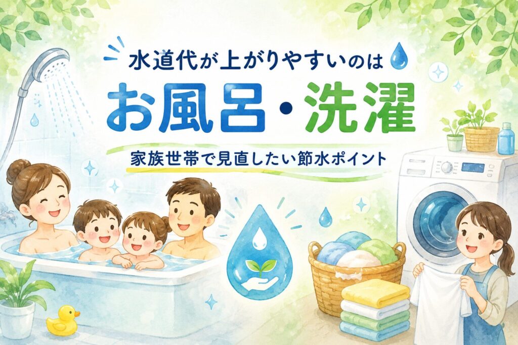水道代が上がりやすいお風呂と洗濯の節水ポイントを紹介するイラスト。浴槽の家族、シャワー、洗濯機、洗濯物が描かれている。
