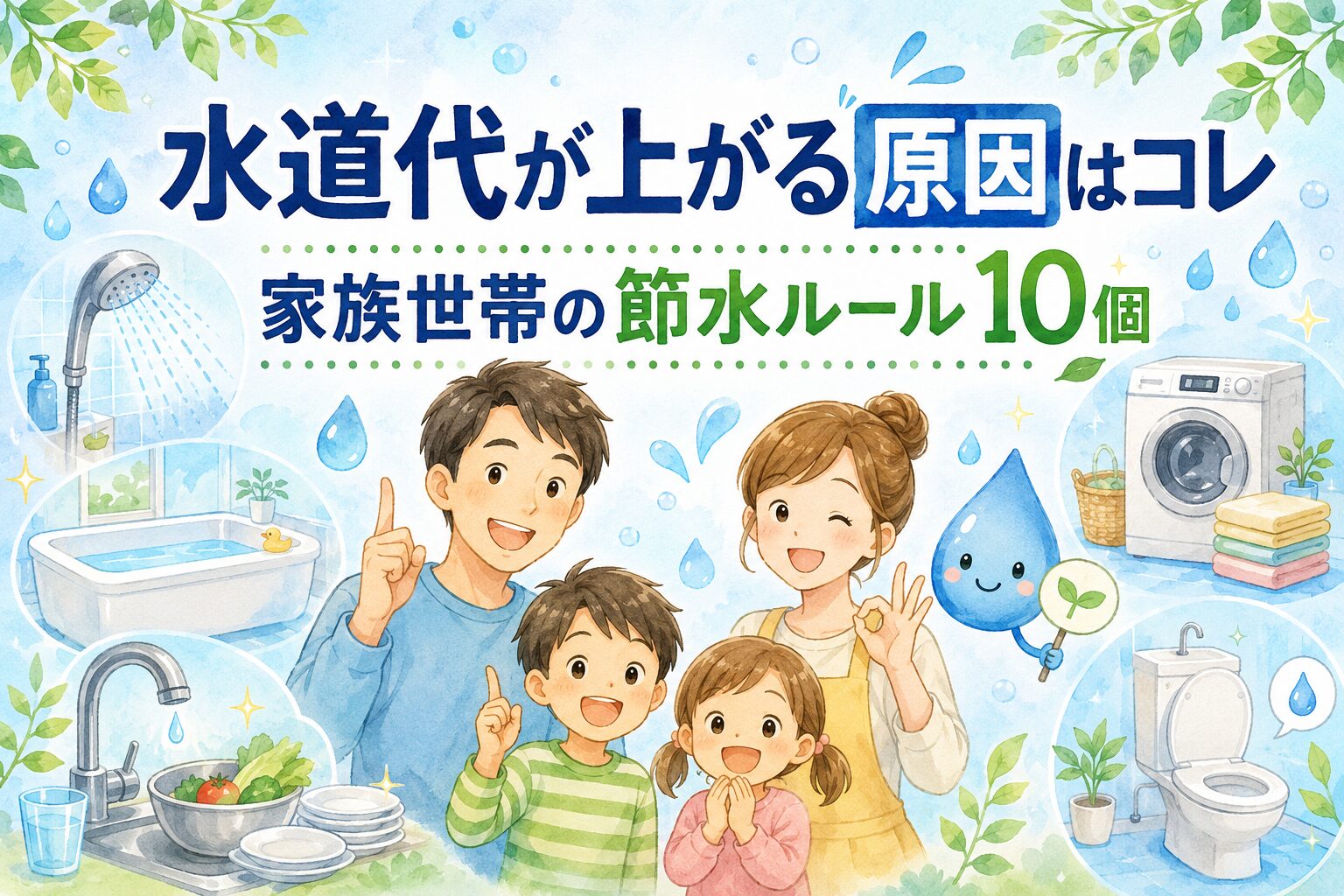 水道代が上がる原因と家族世帯の節水ルール10個を紹介するアイキャッチ画像。家族、シャワー、洗濯機、キッチン、トイレなどの節水ポイントが描かれている。